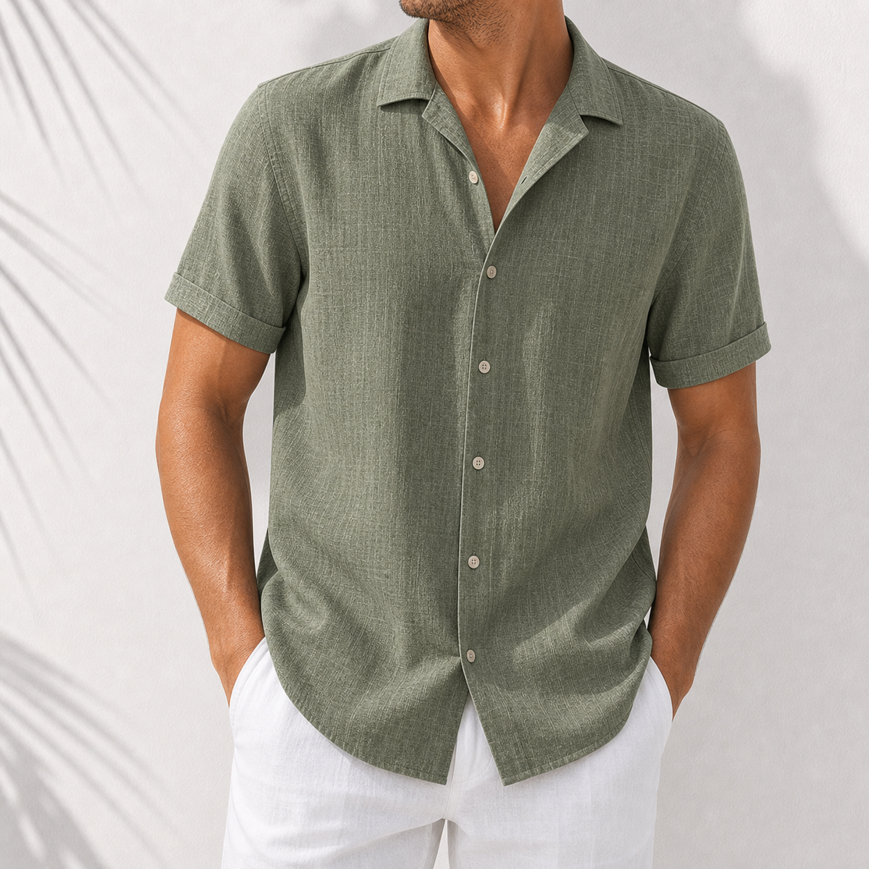 Dusty olive short sleeve linen-look shirt