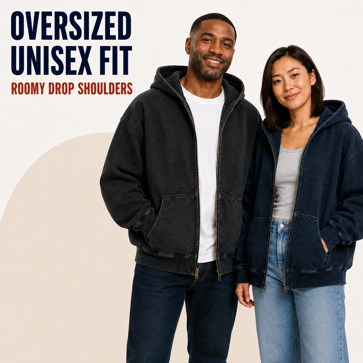 Unisex Oversized Acid-Wash Double-Zip Hoodie Bundle