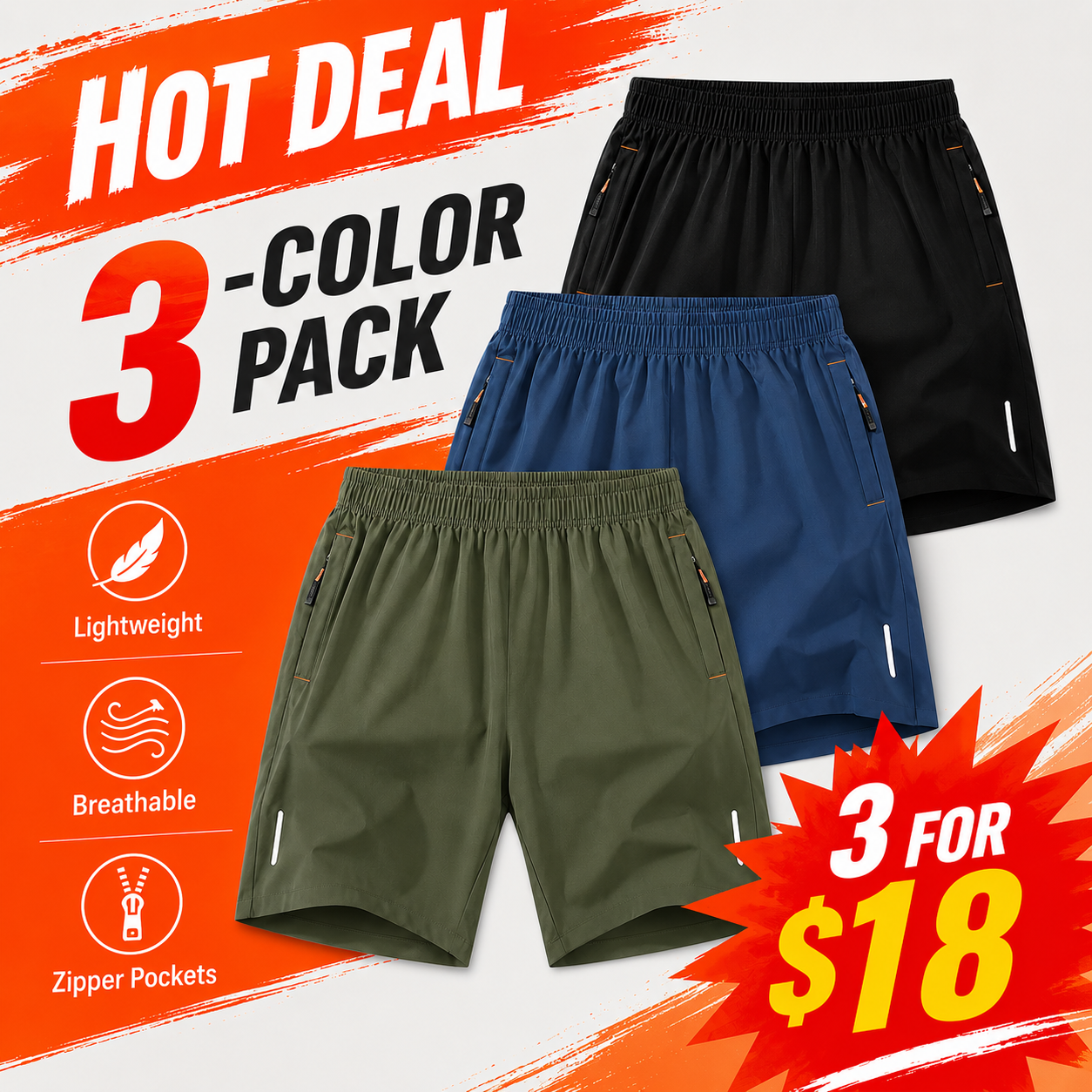 Men's Lightweight Zipper Pocket Casual Shorts Color Pack