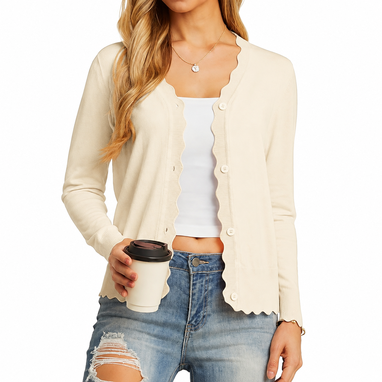 Warm Ivory scallop-trim cardigan