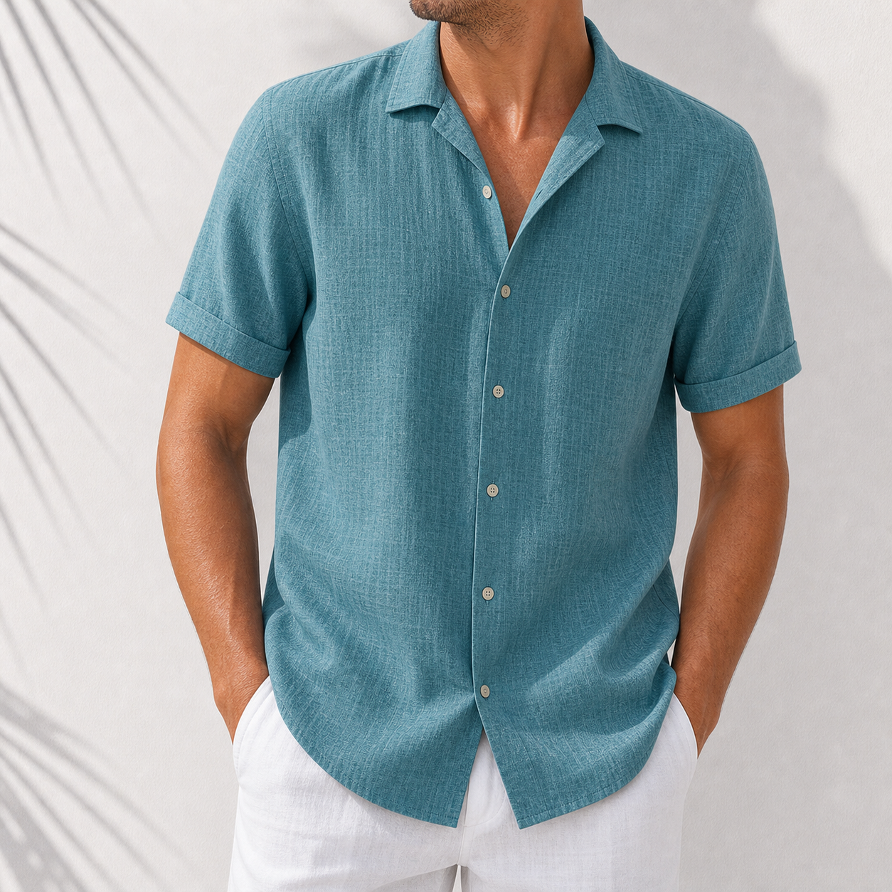 Ocean teal short sleeve linen-look shirt