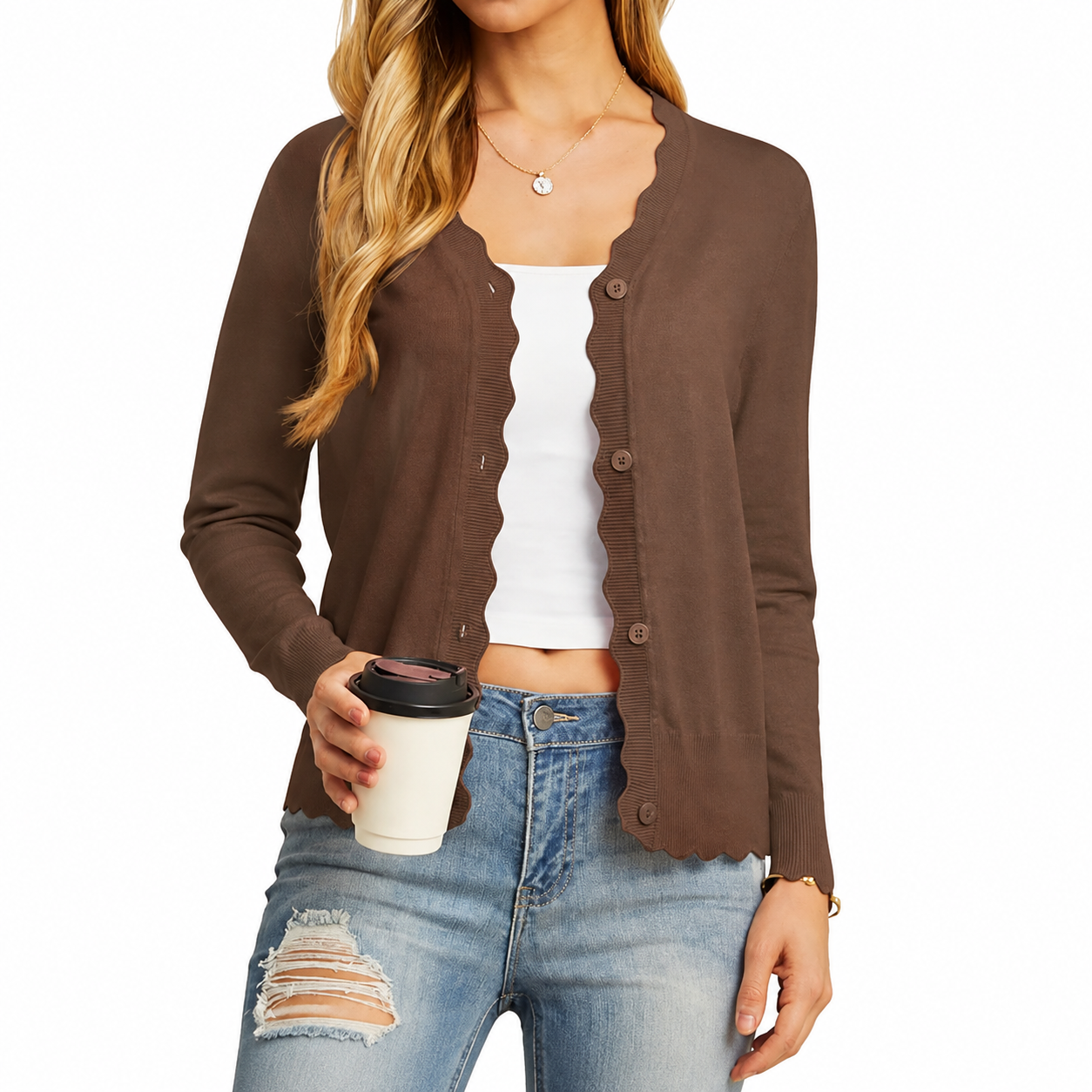 Cocoa Brown scallop-trim cardigan