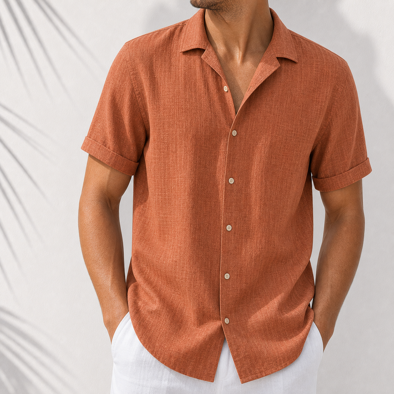 Clay rust short sleeve linen-look shirt
