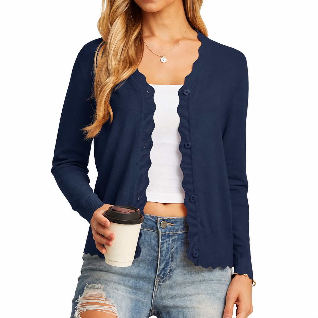 Midnight Navy scallop-trim cardigan