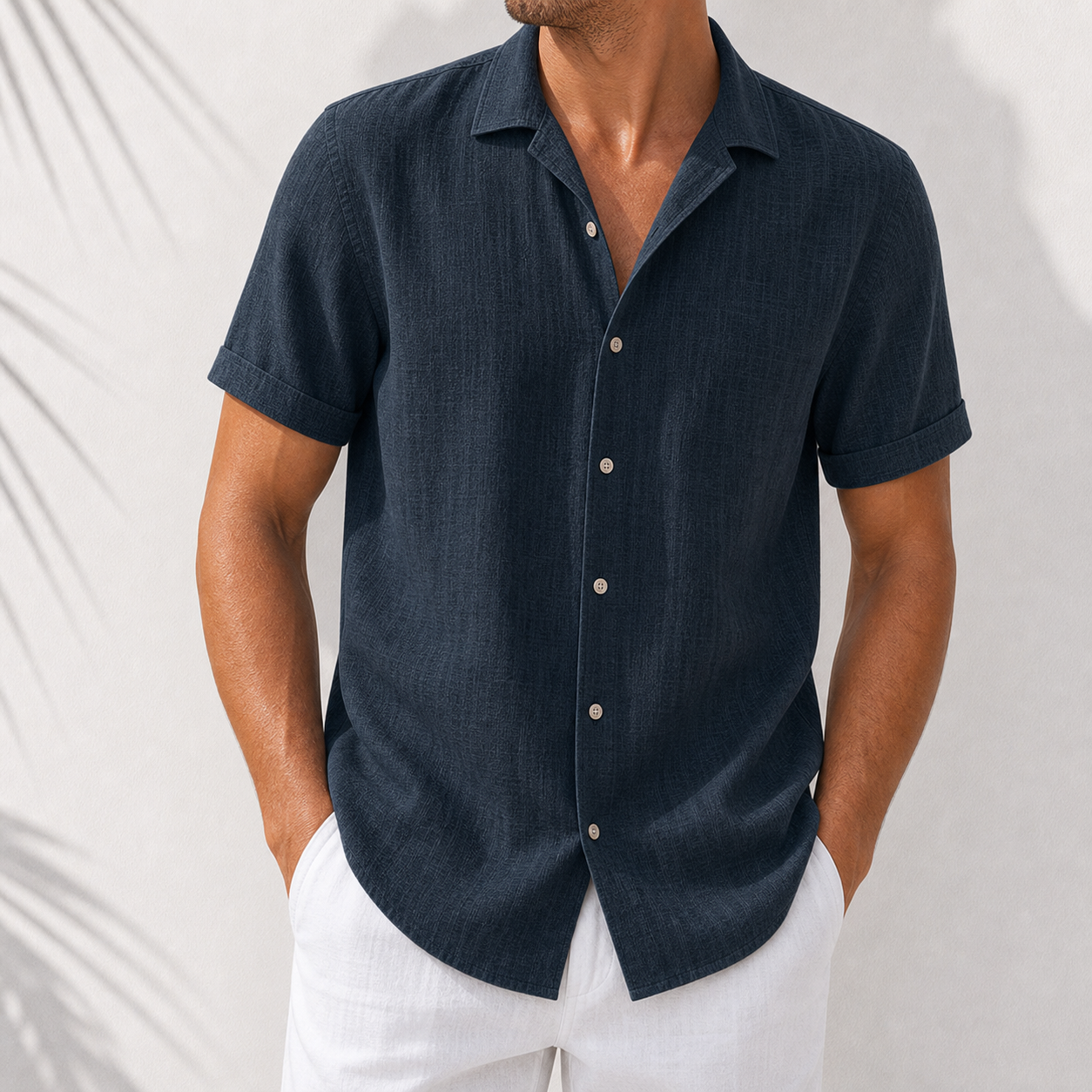 Charcoal navy short sleeve linen-look shirt