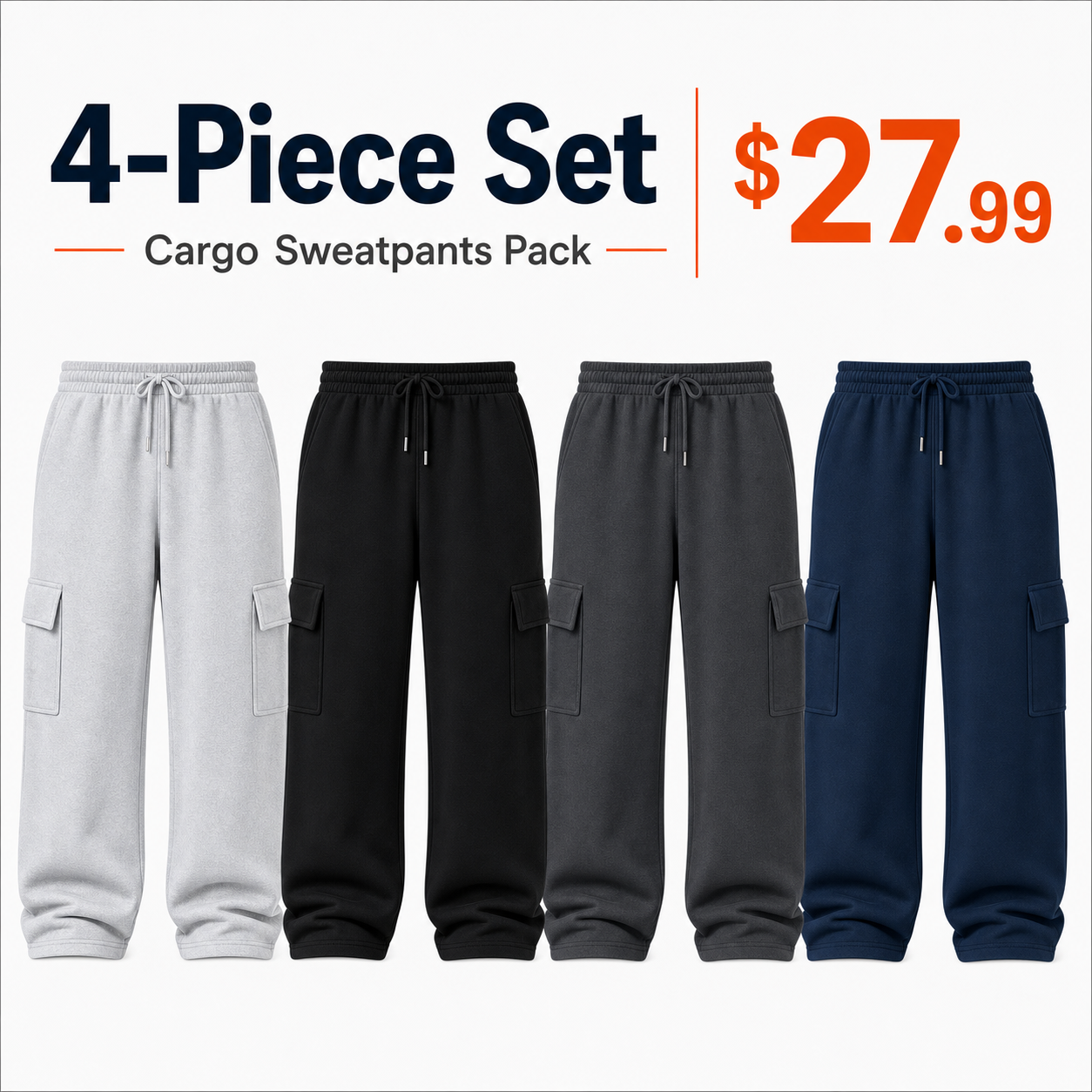 4-piece cargo sweatpants set in gray black charcoal and navy