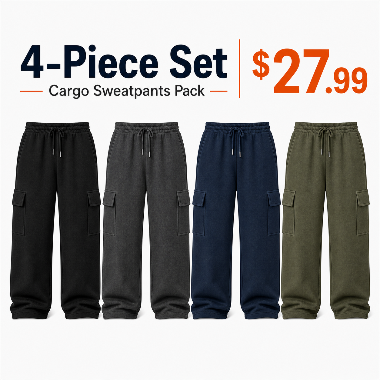 4-piece cargo sweatpants set in black charcoal navy and olive