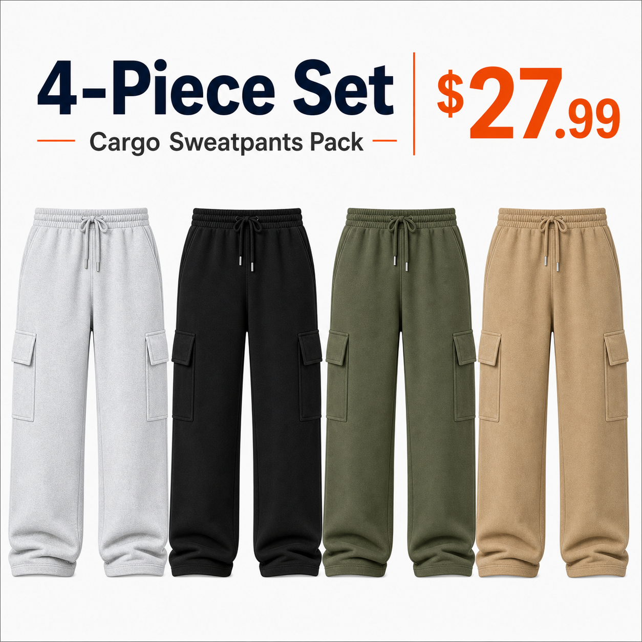 4-piece cargo sweatpants set in gray black olive and khaki