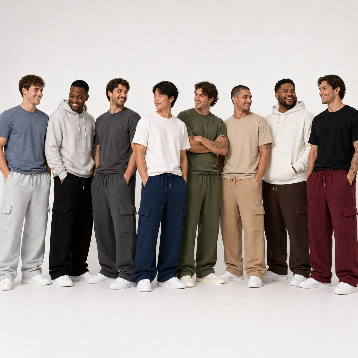 Men wearing heavyweight fleece cargo sweatpants in multiple colors
