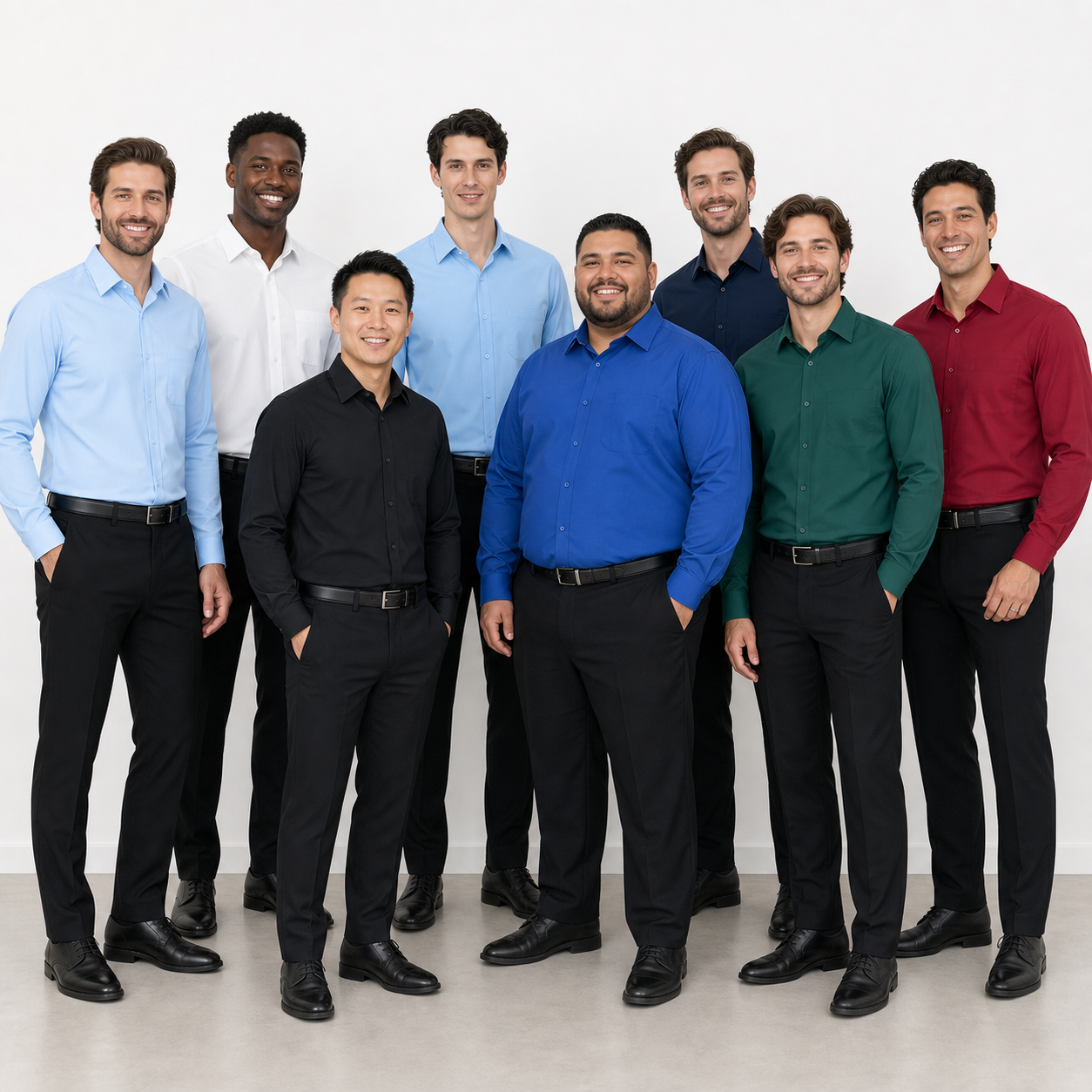 Eight-model group photo of stretch dress shirt colors