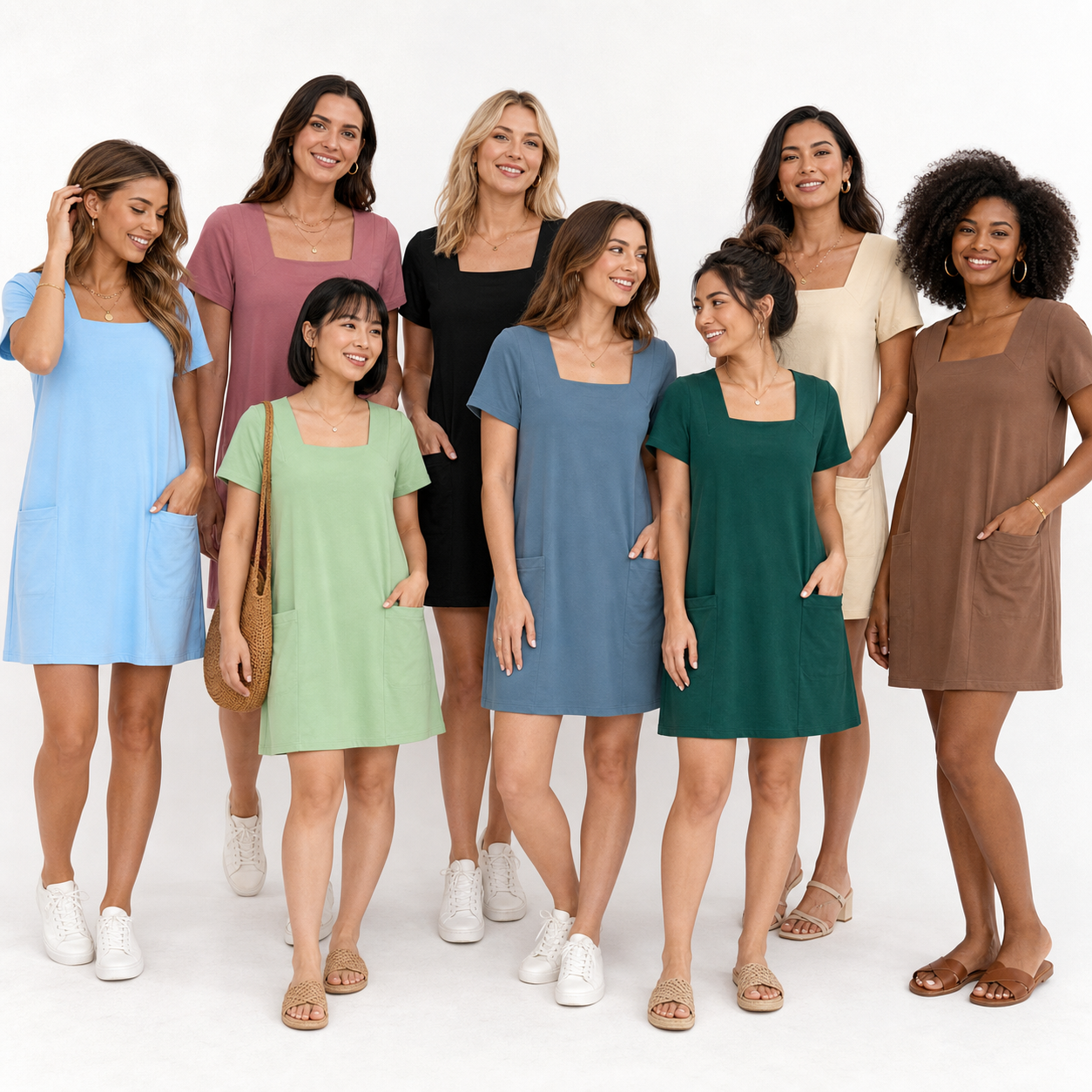 Eight adult models wearing square neck mini dresses