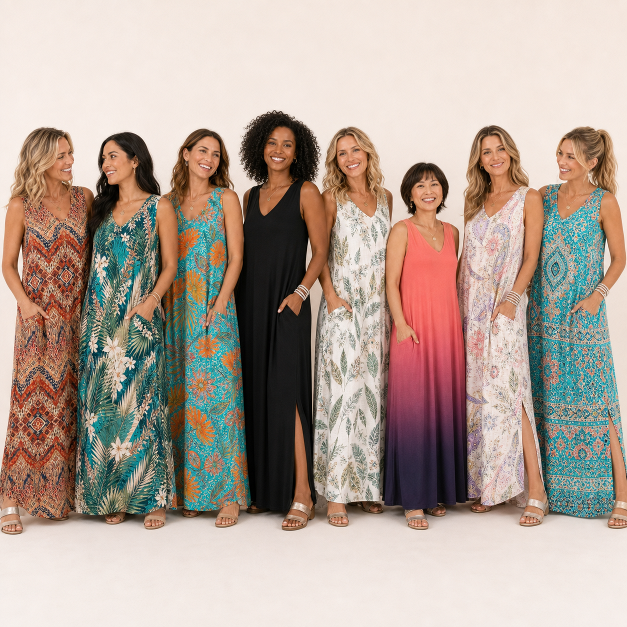 Eight adult models wearing the V-neck flowy maxi dress colors