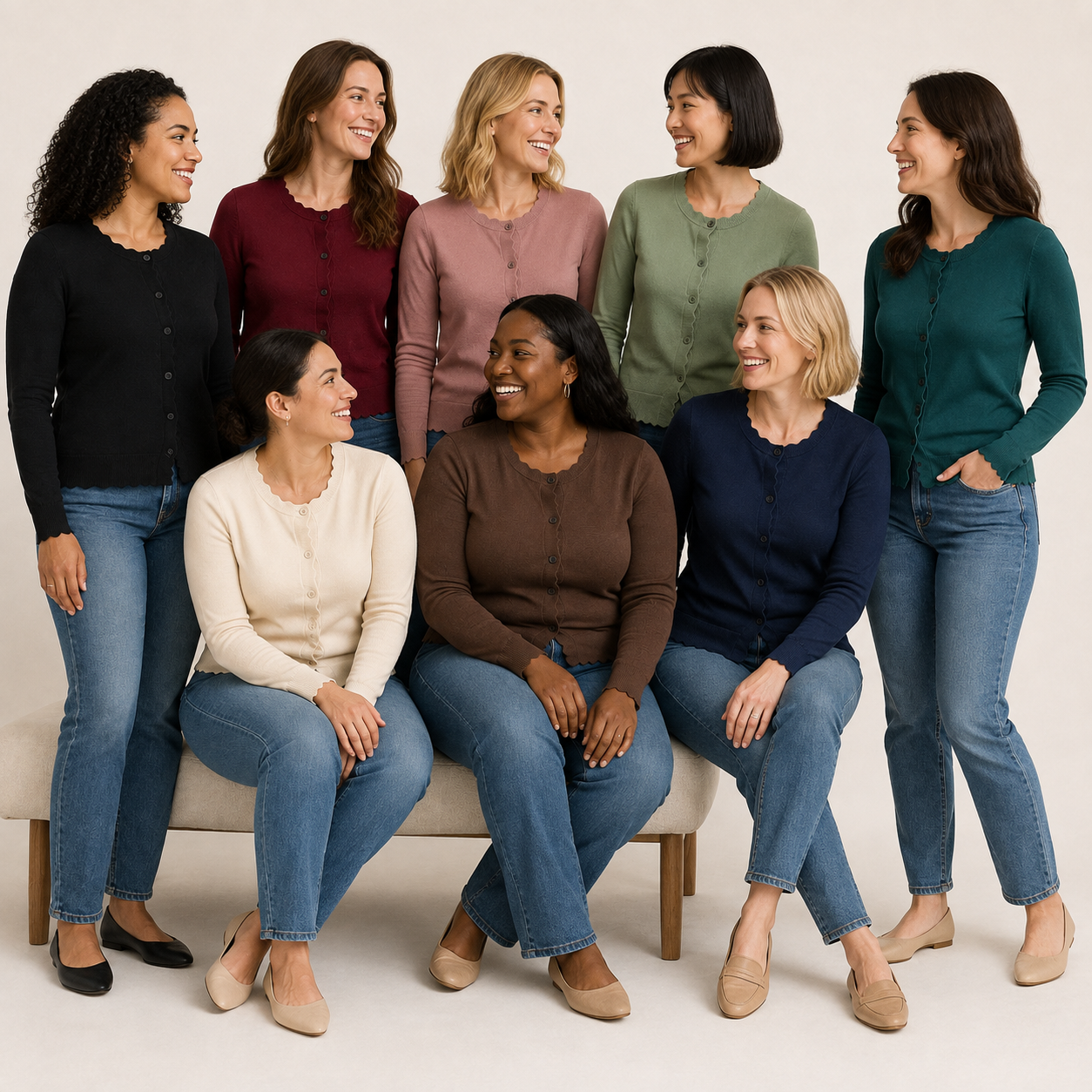 Eight adult women wearing scallop-trim knit cardigans in eight colors