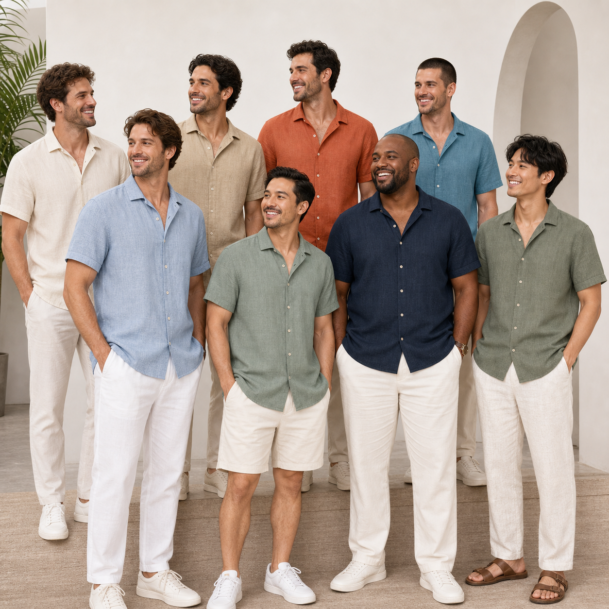 Eight adult models wearing mixed short sleeve linen-look shirts