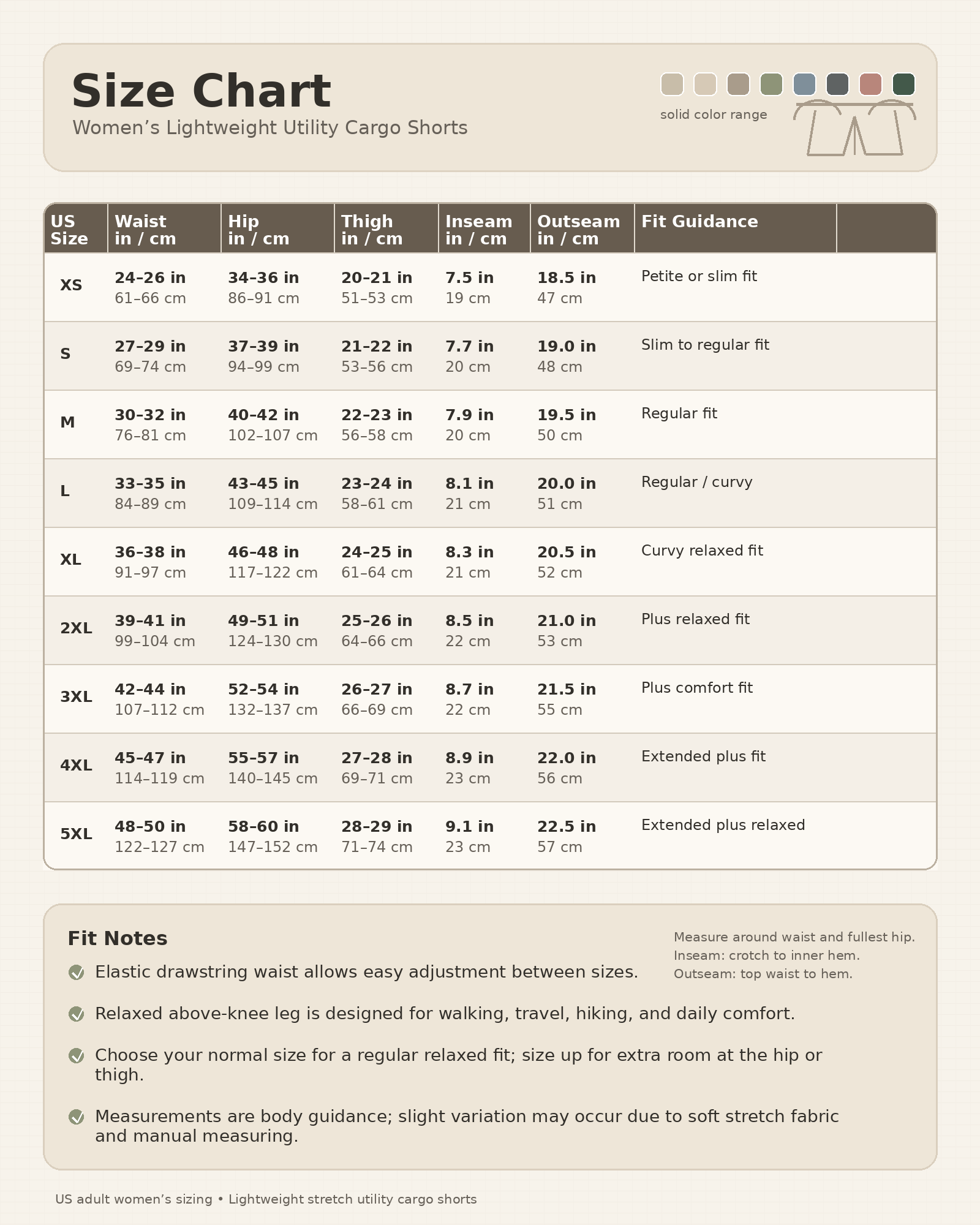 Size chart for women's lightweight utility cargo shorts