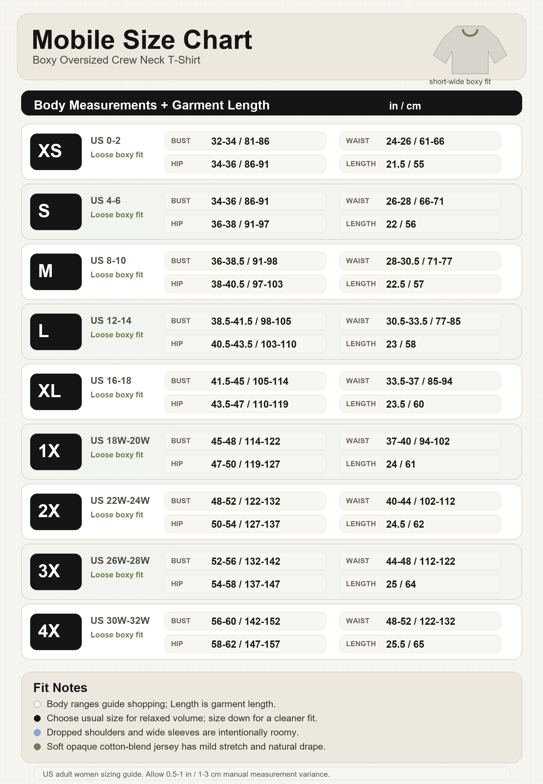 Women's boxy oversized cropped T-shirt size chart