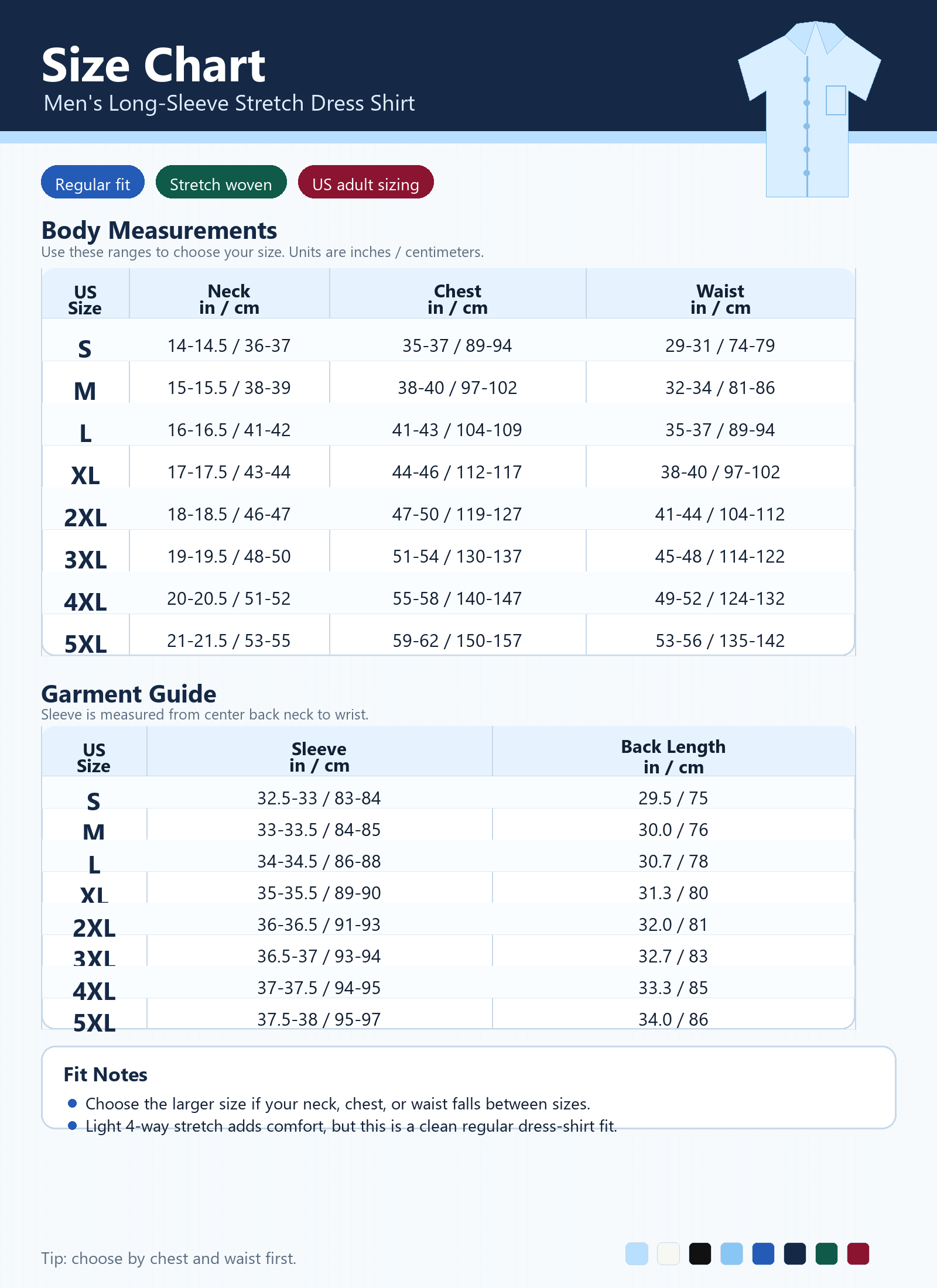 Men's stretch dress shirt size chart