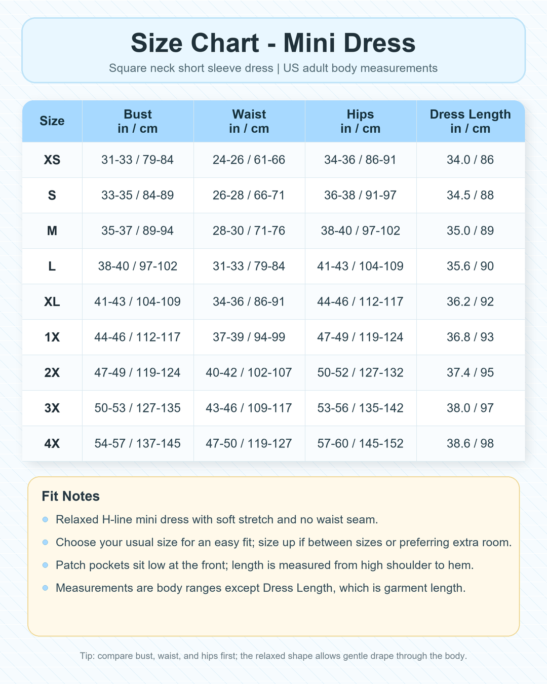Square neck mini dress size chart