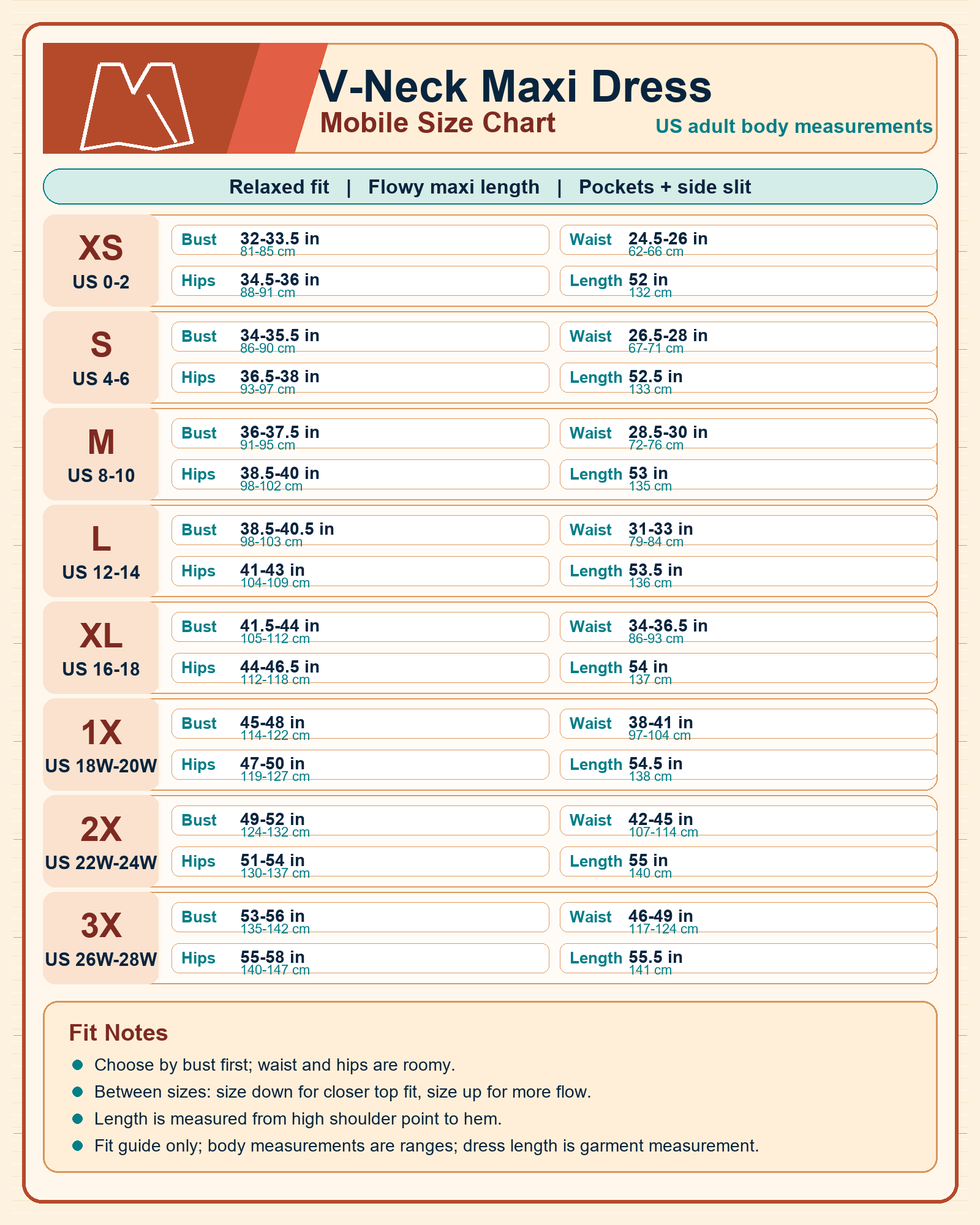 V-neck maxi dress size chart