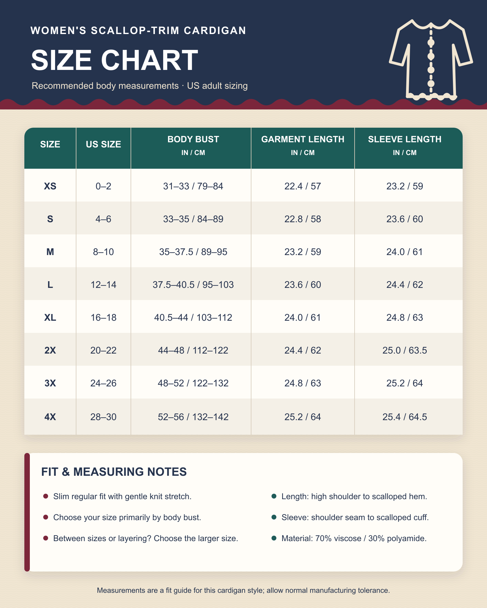 Women's scallop-trim cardigan size chart