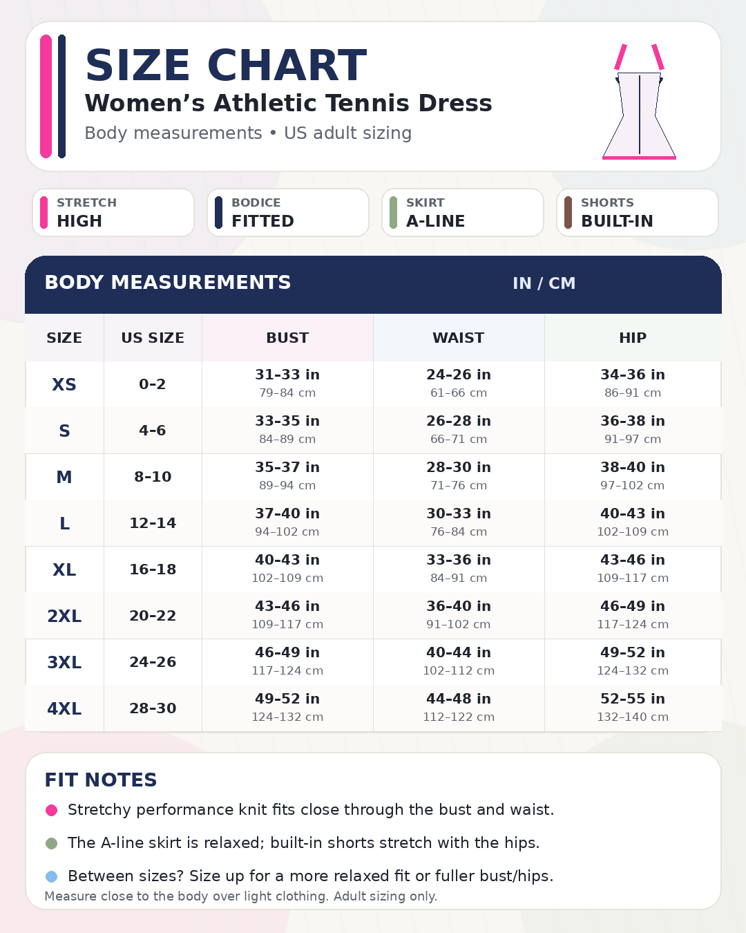 Women's athletic tennis dress size chart