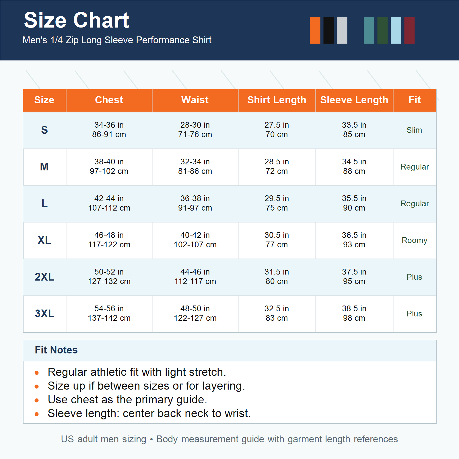 Fit guide image for men's 1/4 zip performance shirt