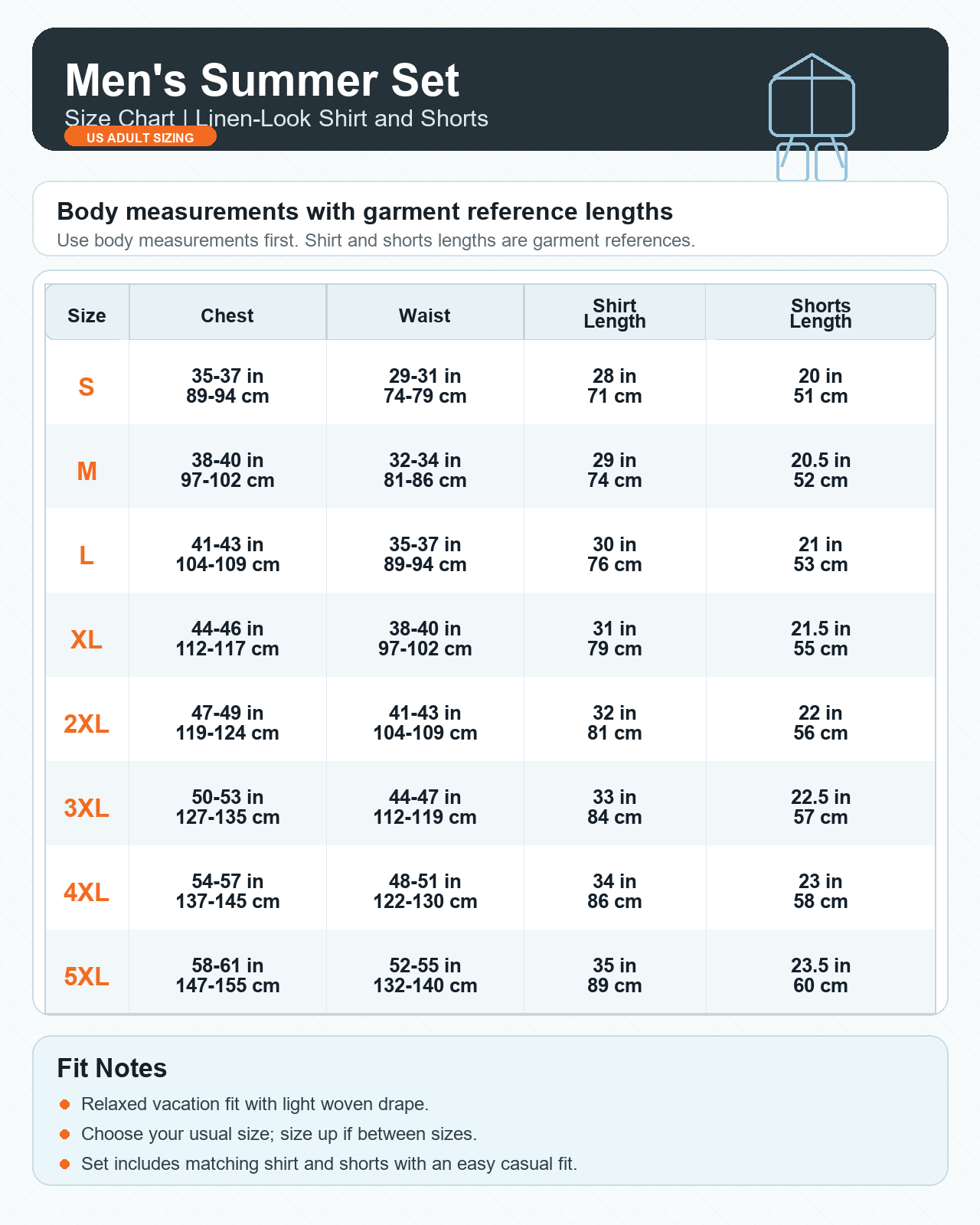 Size chart for men's linen-look shirt and shorts set