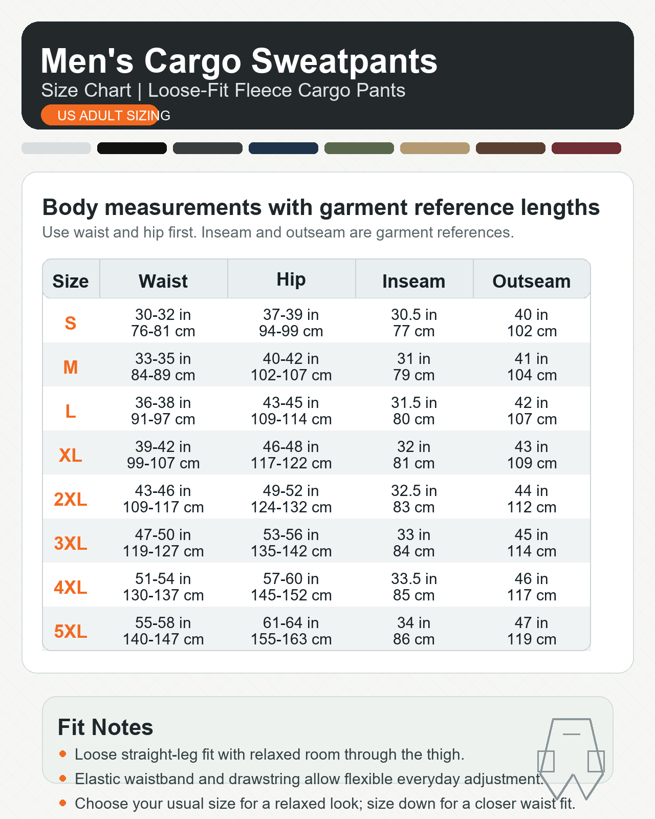 Size chart for men's cargo sweatpants