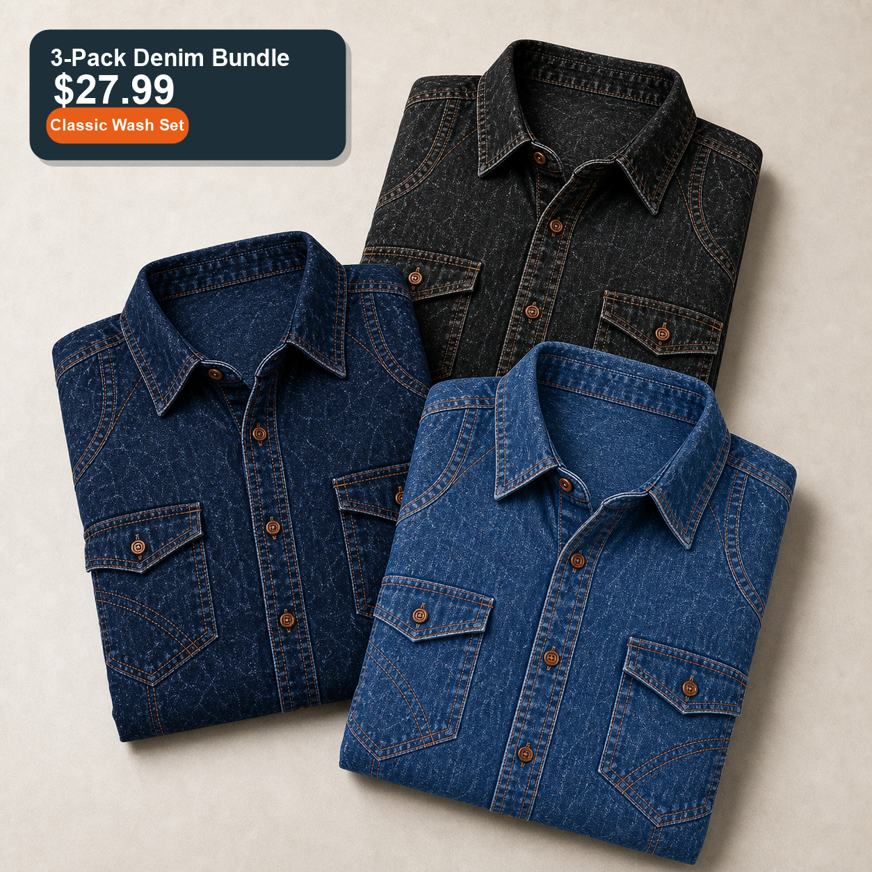 Classic Wash Set 3-Pack denim bundle in deep indigo black and medium blue