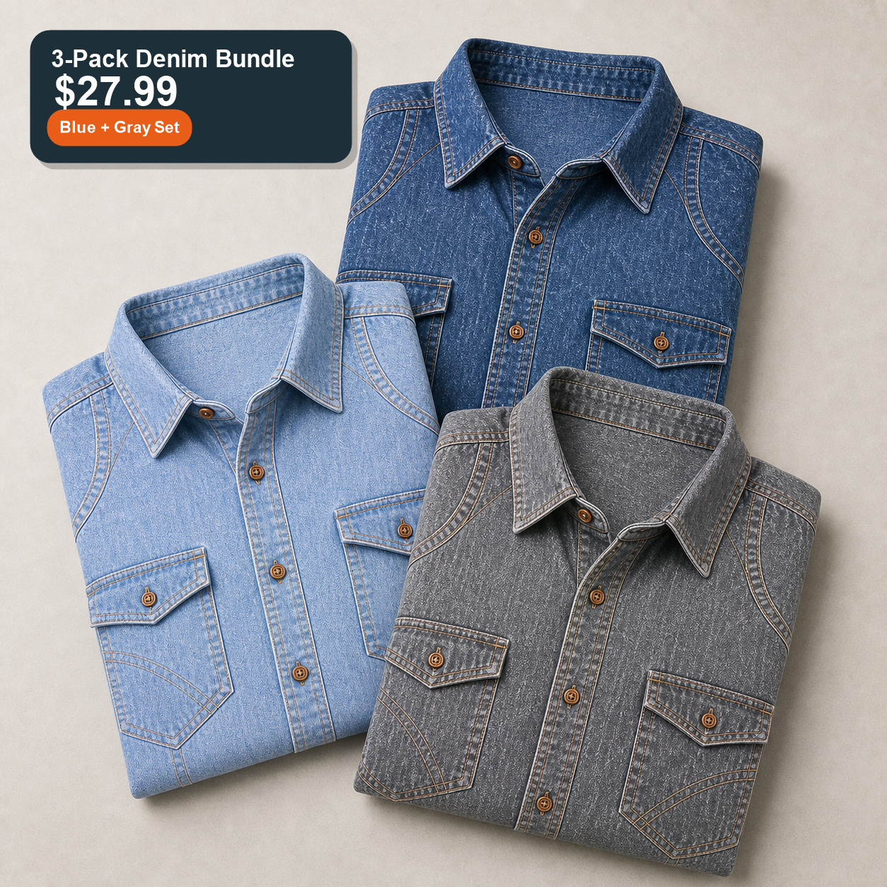 Blue + Gray Set 3-Pack denim bundle in medium blue light blue and gray