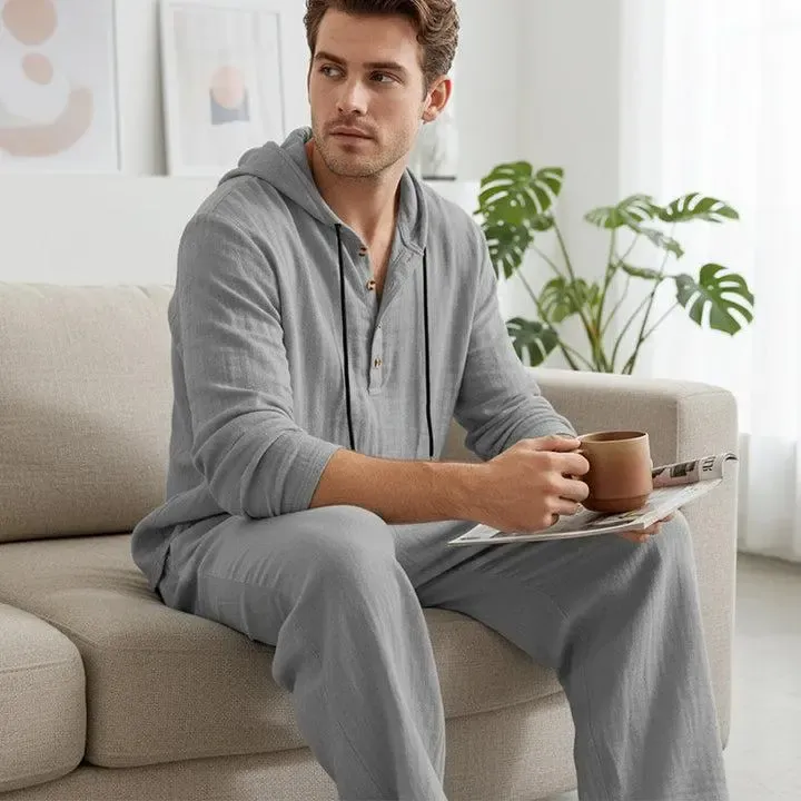 Linen Men's Hooded Casual Loose Top & Pants 2-Piece Set