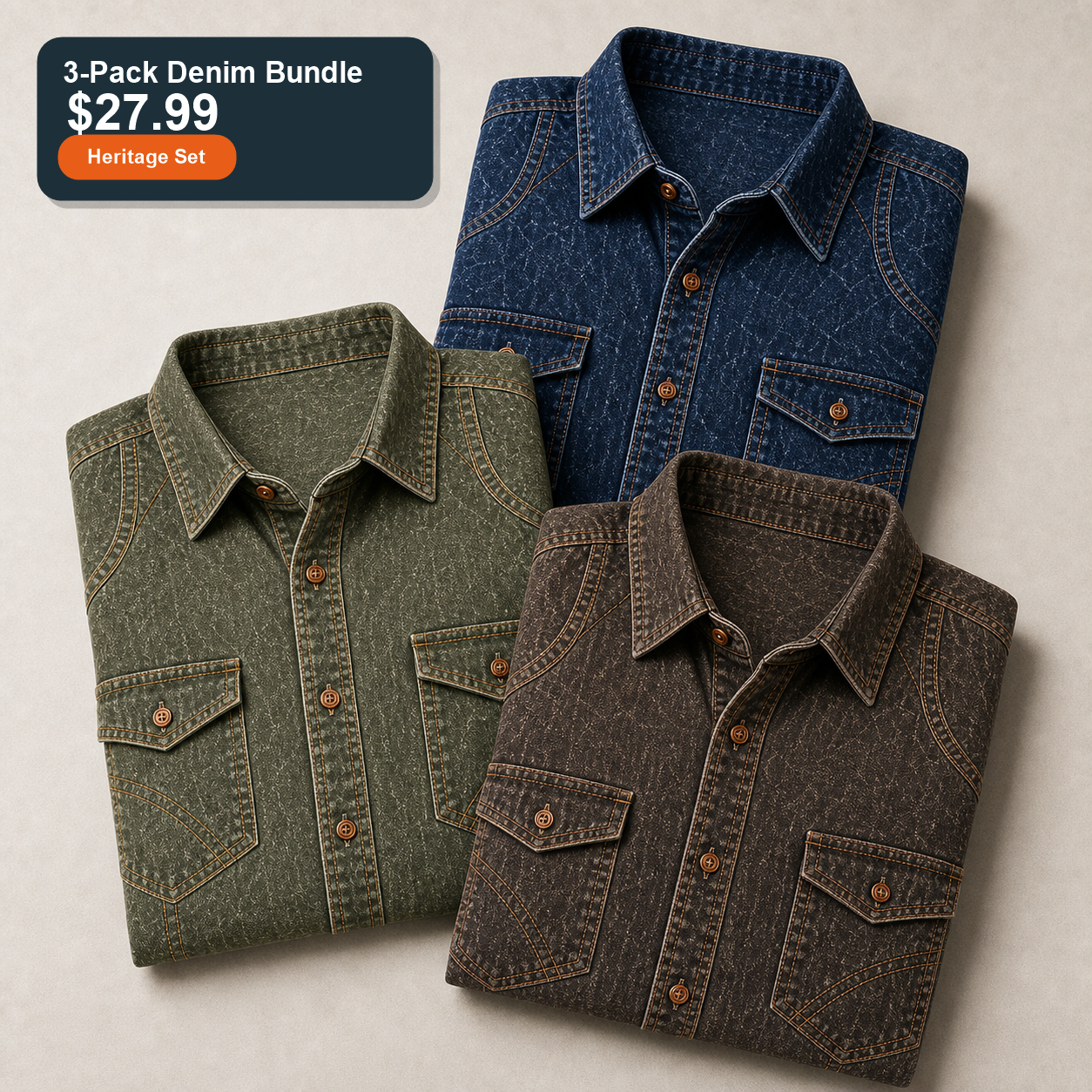 Heritage Set 3-Pack denim bundle in deep indigo olive green and vintage brown