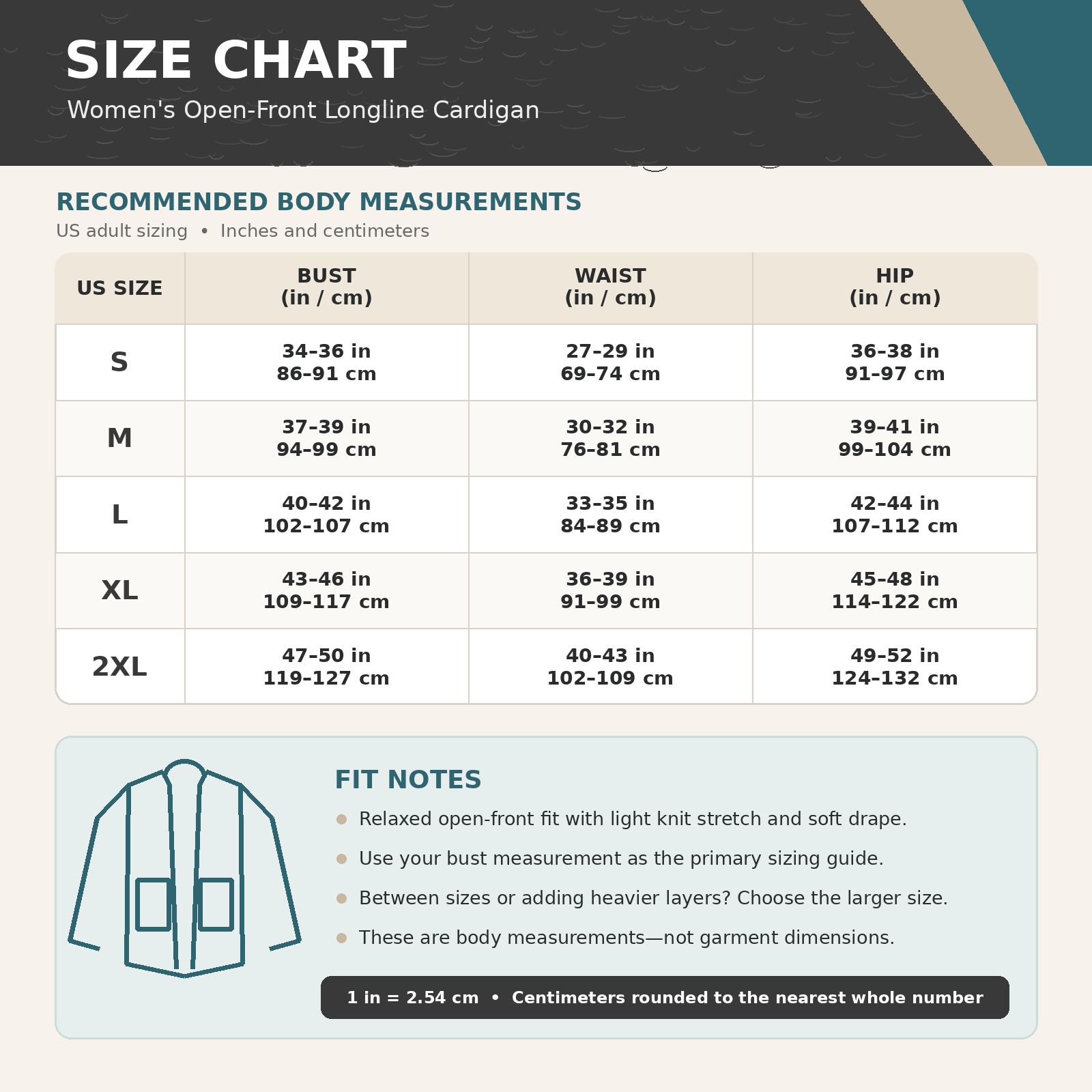 Women's open-front longline cardigan size chart