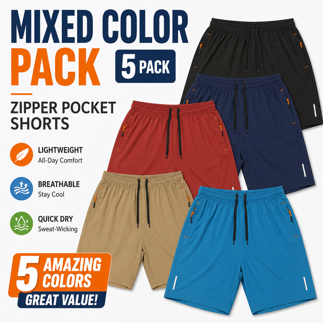 Men's Lightweight Zipper Pocket Casual Shorts Color Pack