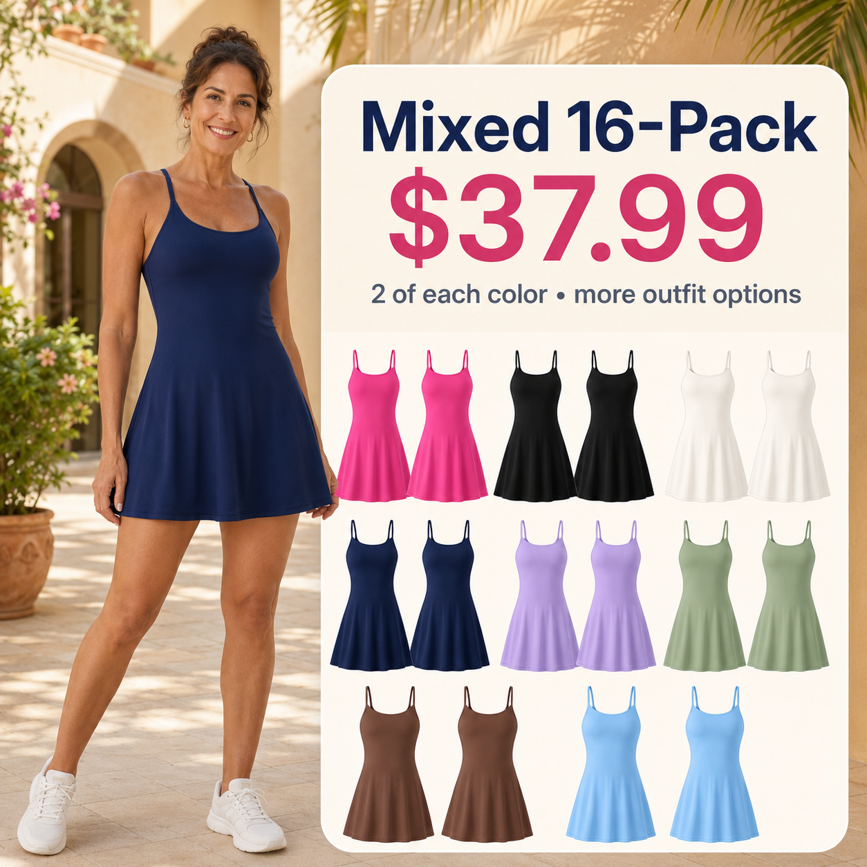 Women's Cross-Back Athletic Tennis Dress with Built-In Shorts — Multi-Pack