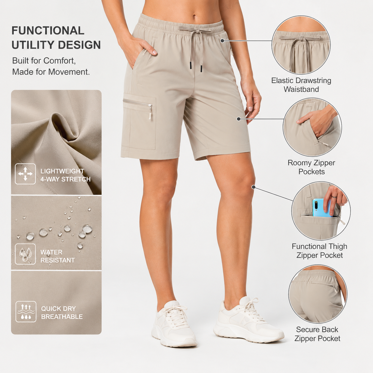 Functional utility pocket design for women's cargo shorts