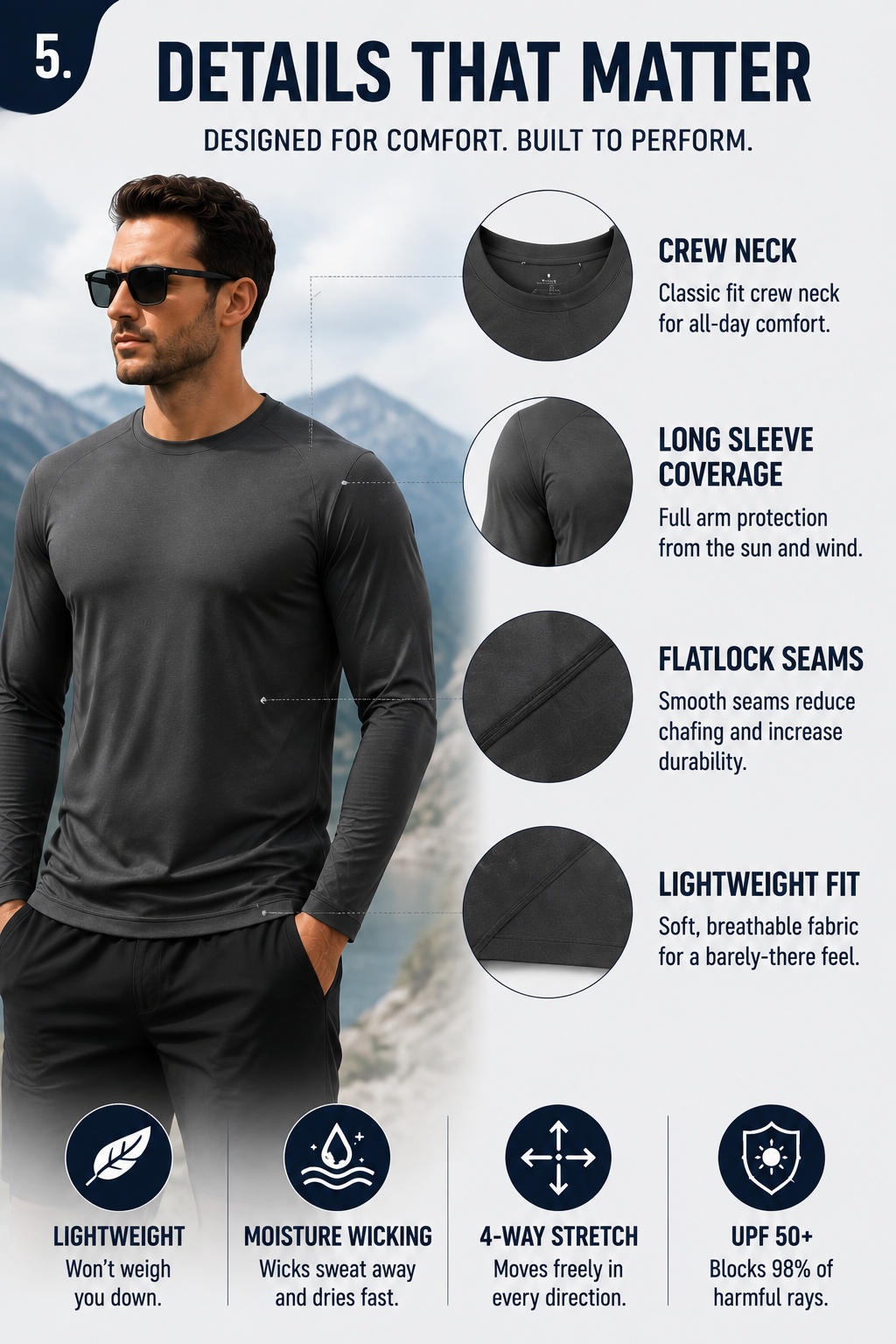 Men's UPF 50+ Long Sleeves Shirts Quick Dry Lightweight Summer Sportswear Tops for Swimming Workout Rashguard Sporty Crew Neck Outdoorfun FallFreshness