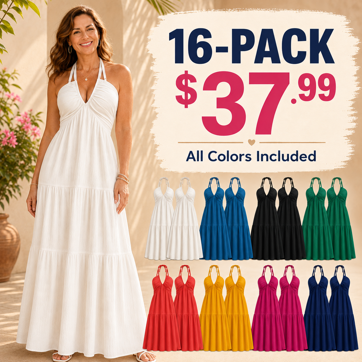 Mixed 16-pack halter tie-back tiered maxi dress bundle