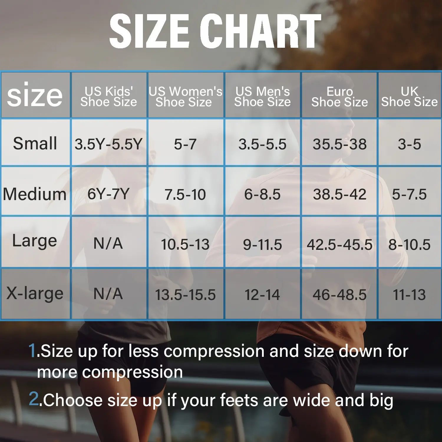 Compression ankle socks size chart