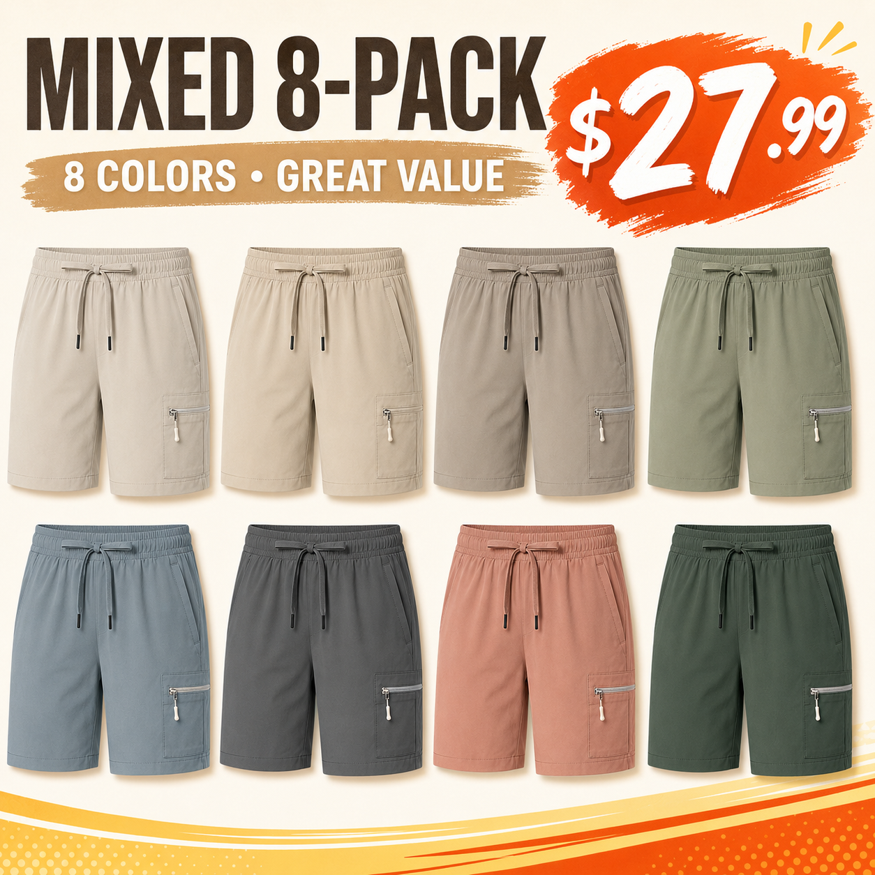 Mixed 8-Pack women's lightweight utility cargo shorts