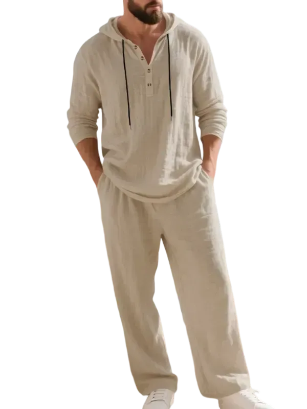 Linen Men's Hooded Casual Loose Top & Pants 2-Piece Set