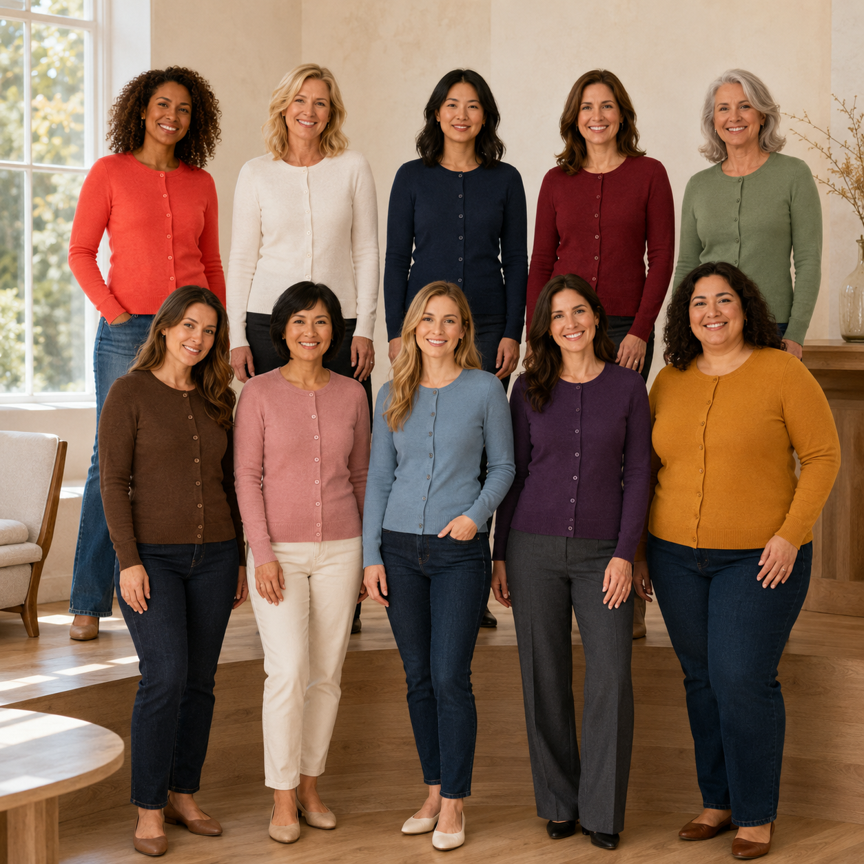 Ten adult women wearing all ten cardigan colors