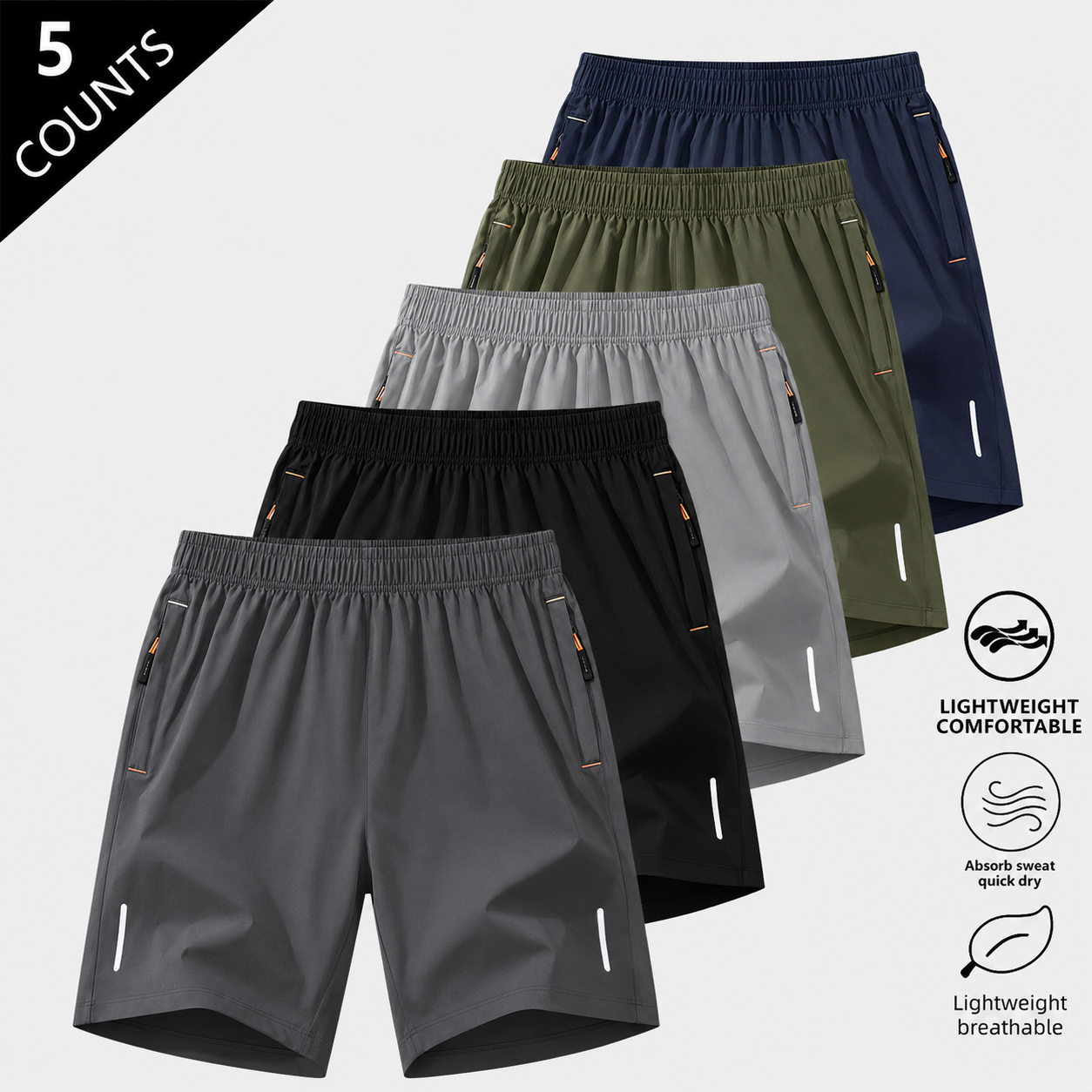 Men's zipper pocket casual shorts color-pack bundle