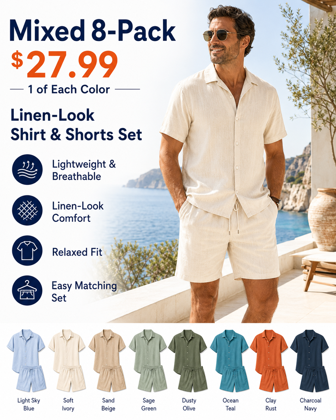 Men's Linen-Look Shirt and Shorts Set Multi-Pack