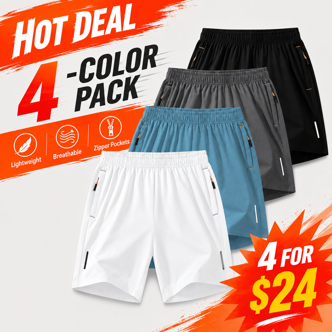 Men's Lightweight Zipper Pocket Casual Shorts Color Pack