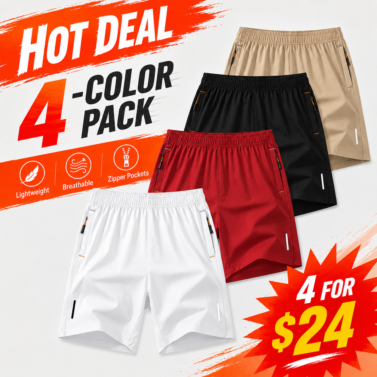 Men's Lightweight Zipper Pocket Casual Shorts Color Pack