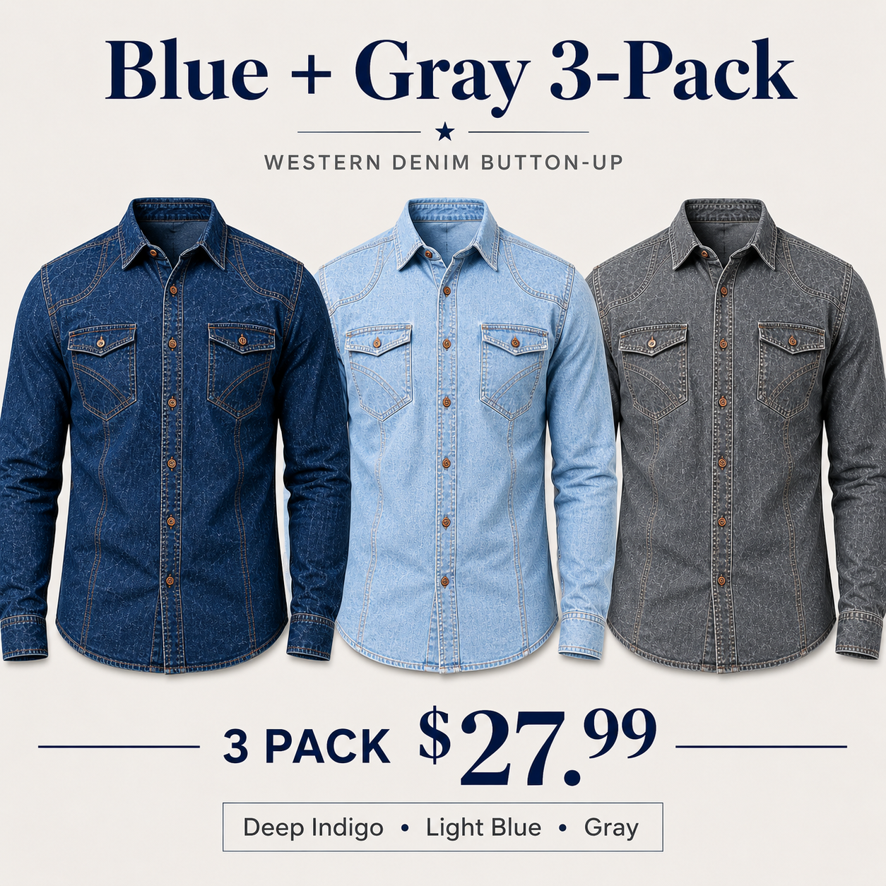 Men's Western Denim Button-Up Jacket Bundle - 3-Pack & 7-Pack