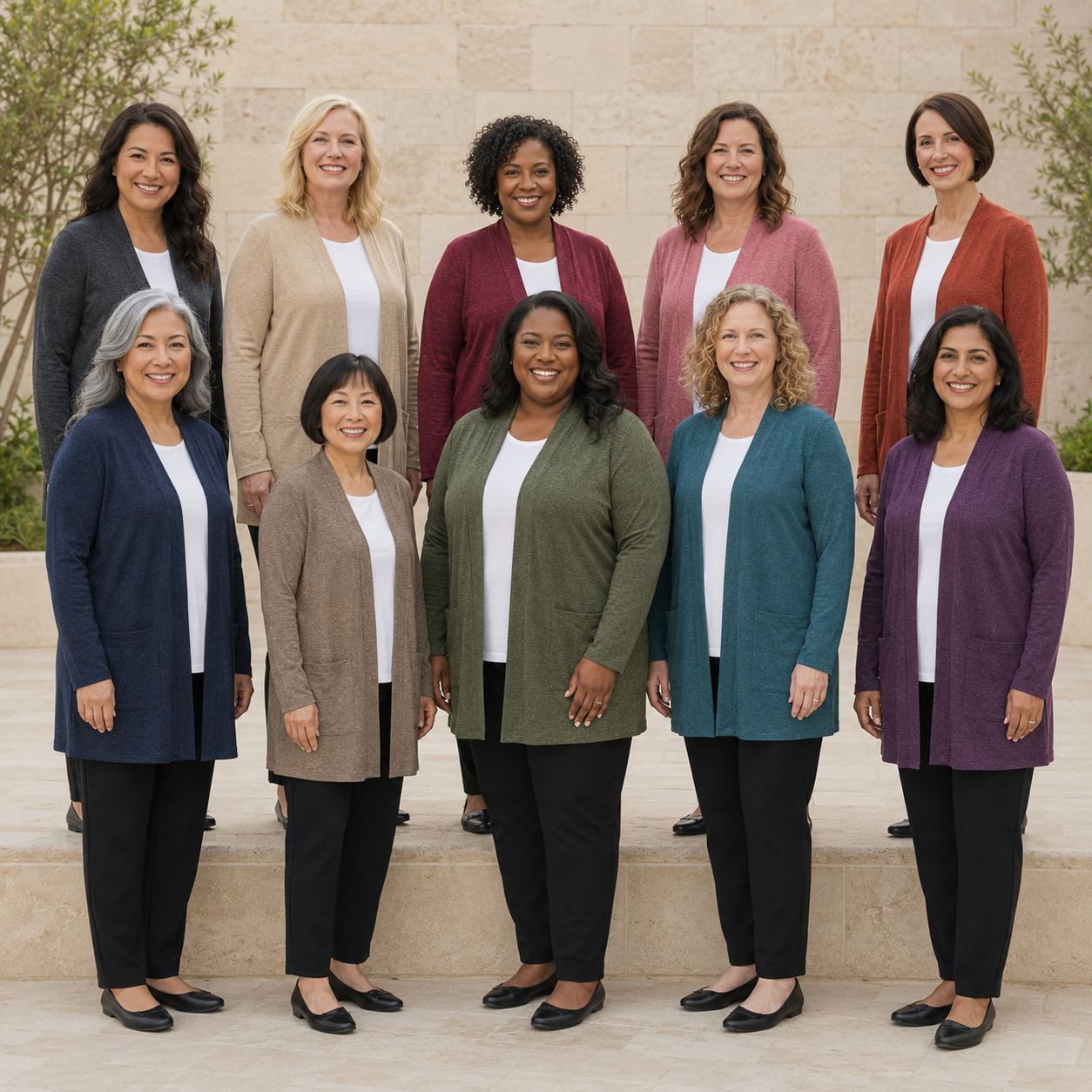 Ten women wearing the open-front cardigan in all ten colors