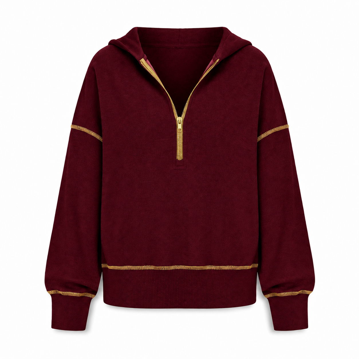 Burgundy relaxed half-zip hoodie front view