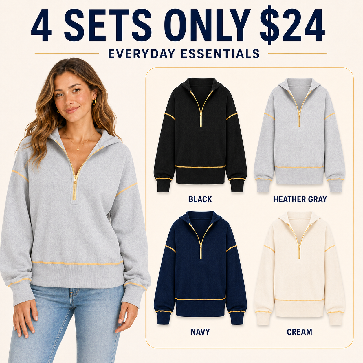 Everyday Essentials 4-pack: black, heather gray, navy and cream